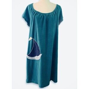 Vintage Terry Cloth Beach Cover Moo-Moo Dress Teal Sailboat Women’s Large USA